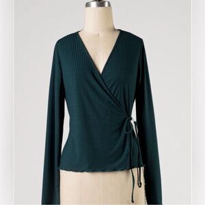 Ribbed Deep Green Wrap Front Top